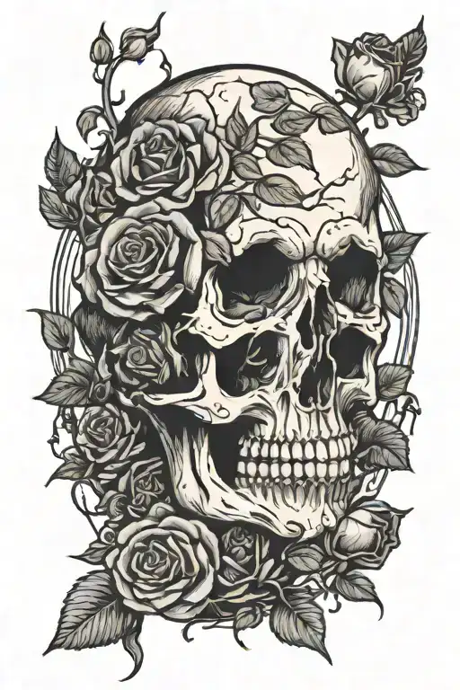 Skull And Roses Growing Out Of A Dead Body That Is A Tree