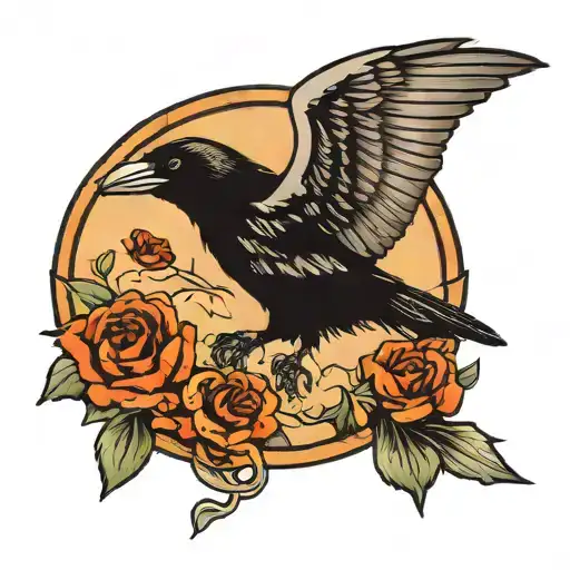 A Traditional Black And Grey Tattoo Of A Crow Flying Over The Number 13