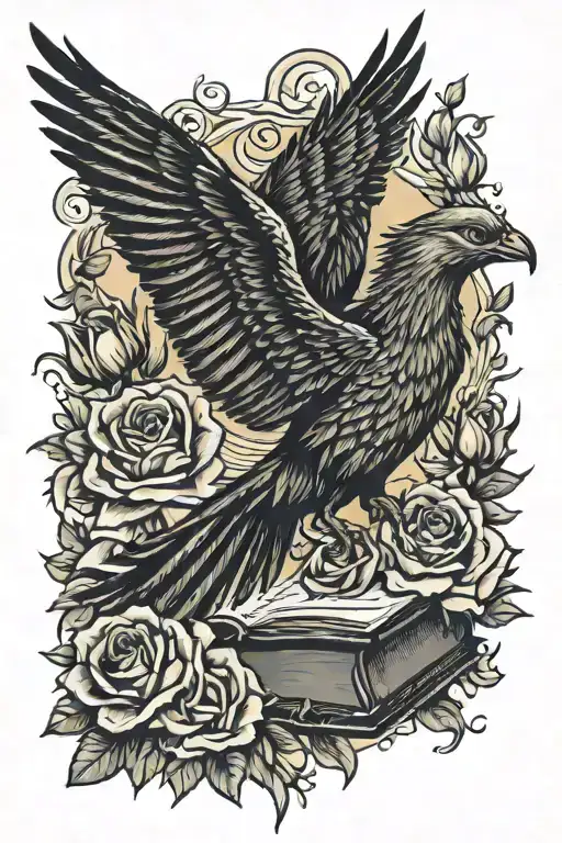Pheonix Flying Out Of Book On Top Of A Bed Of Roses Covered In Blood