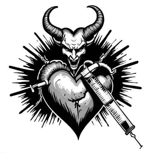 Devil Comi G Out Of A Syringe Connected To Heart