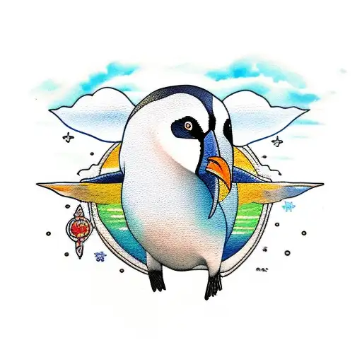 Spiritual Penguin With Ocean Background With Amethsyt Watercolor Undertones