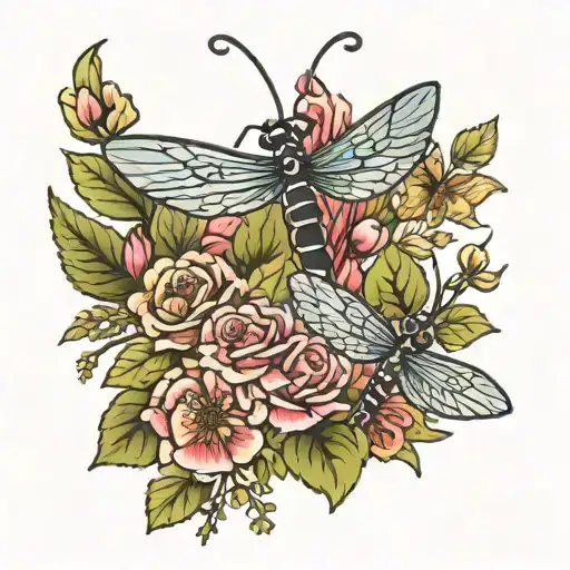 Flower Bouquet With Dragonfly Flying