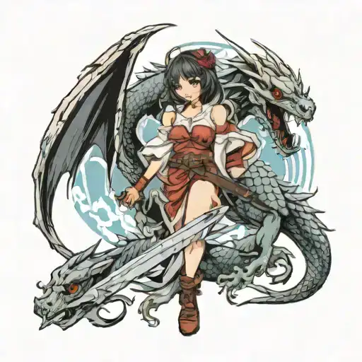 Anime Girl With Dragon Wrapped And Death Angel Holding A Sword