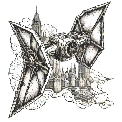 A Traditional Style Tattoo Of The London Skyline With A Tie Fighter From Star Wars Flying Overhead