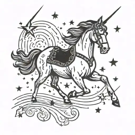 A Tattoo Featuring A Horse Galloping Under A Night Sky Filled With Stars
