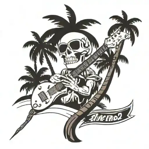 A Beach Scene With A Skull Wearing Sunglasses Playing A Guitar Under A Palm Tree