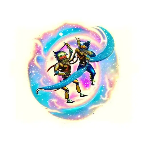 Two Scorpians Dancing With A Galaxy In The Background And A Supernova