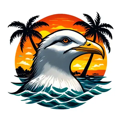 Loud Seagull Head With Palm Trees Colors Sunset