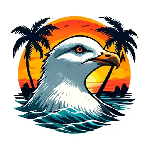 Loud Seagull Head With Palm Trees Colors Sunset