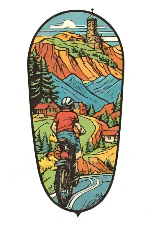 Biking Up A Winding Mountain Road Leading To A Tower