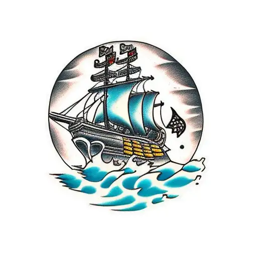 Big Ship Sinking Tradicional Pirate With Rope Border