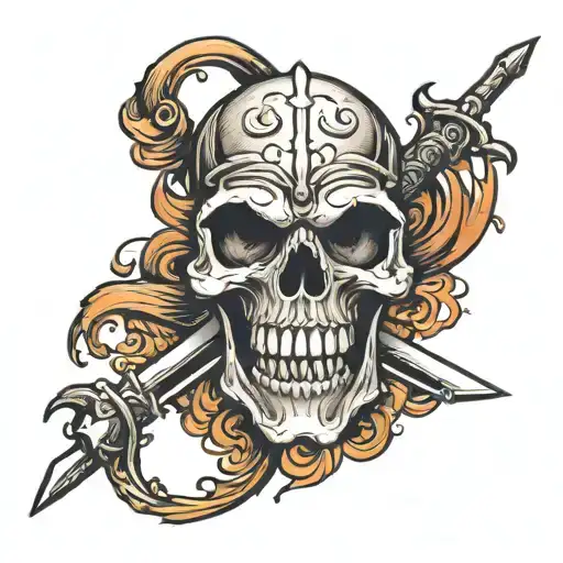 Fiery-eyed Demon Skull With Crossed Army Sabers Behind