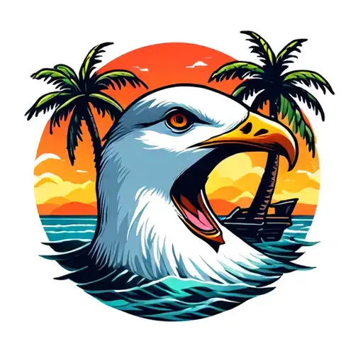 Loud Seagull Head With Palm Trees Colors Sunset