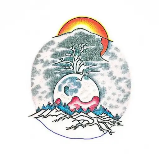 Tree Under A Sun And Moon With A Bear Beneath