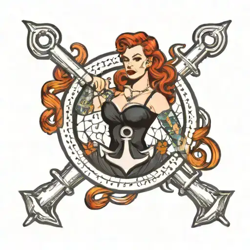 Red Head Pin Up Model Posing With An Anchor Intertwined