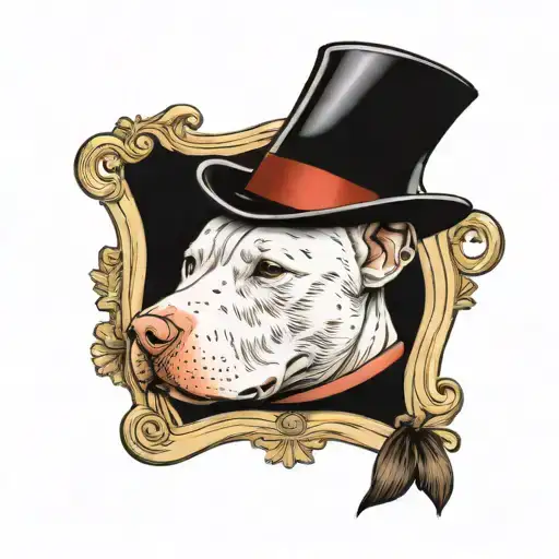 White Pitbull In A Tophat Within A Picture Frame In Color