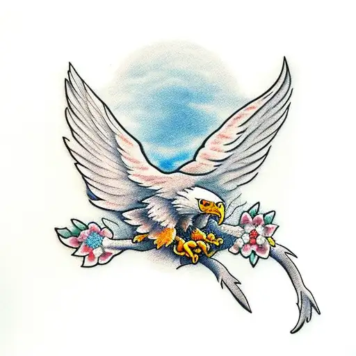 Eagle Sitting On Branch With Flowers