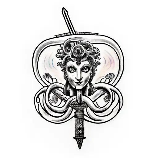 Medusa In The Center Of A Sword With Hee Hair Wrapping Around The Sword