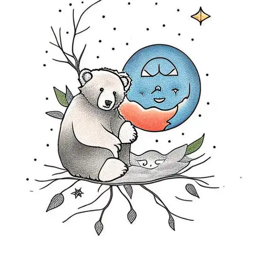 A Small Bear Under A Large Tree With A Sun And Moon In The Sky