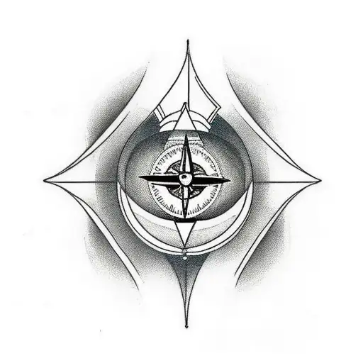 Tattoo Of An Hourglass That Shows A Compass In The Upper Cone And A Sunset In The Lower Cone