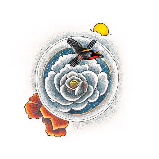 Red Winged Blackbird Flying In Front Of A Yellow-orange Sun And Holding A Yellow Rose In It's Beak