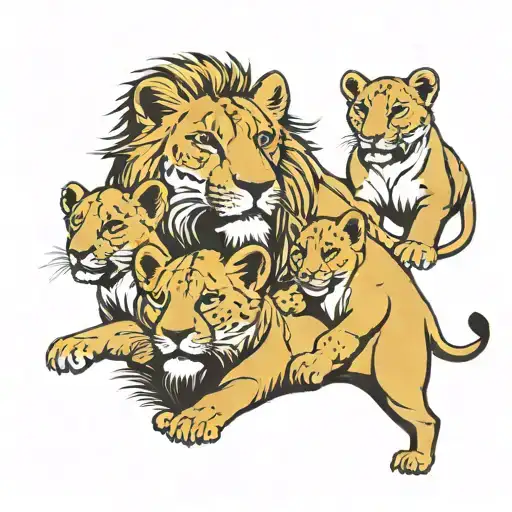 A Lioness Representing The Client's Wife With Three Lion Cubs Symbolizing Their Sons