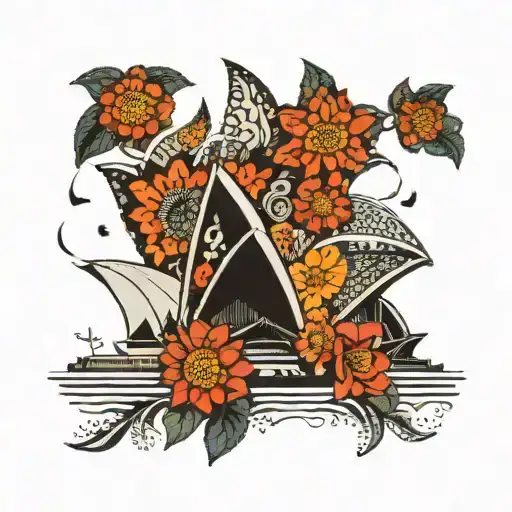 Side View Of Black And White Sydney Opera House With Colored Aboriginal Flowers