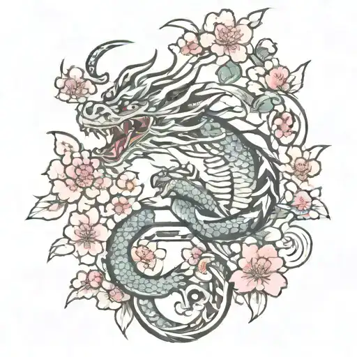A Japanese Themed Oriental Dragon Surrounded By Blooming Cherry Blossoms And Playful Cats