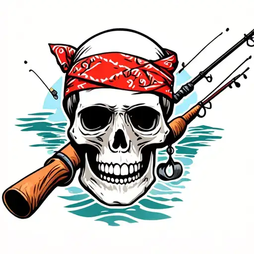 Skull With Red Bandana And Fishing Poles
