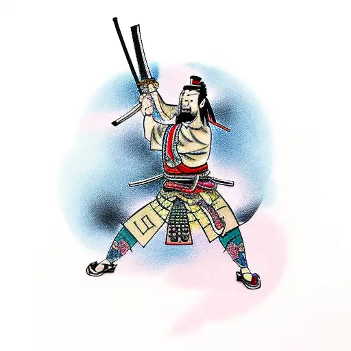 Samurai Standing Side On Underneath A Cherry Blossom