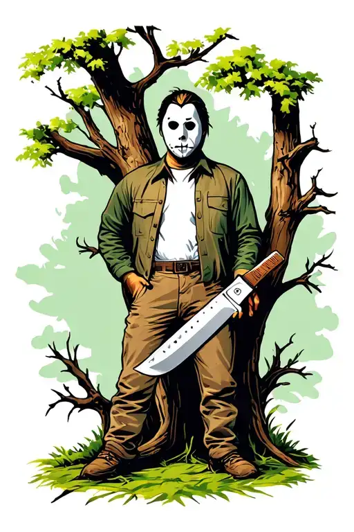 Michael Myers Butcher Knife With Him Standing Behind A Tree Like The First Movie