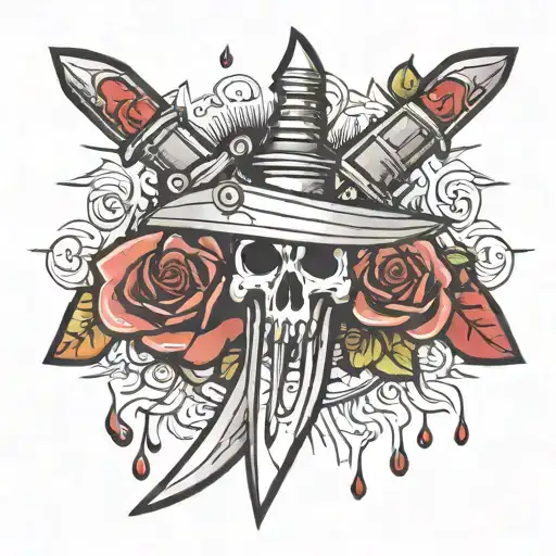 Hand Holding A Double Bladed Dagger Stabbing Down With Blood Dripping Off Blade