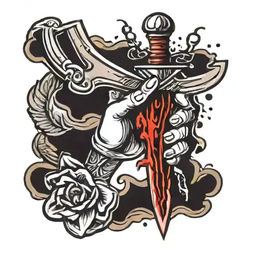 Hand Holding A Double Bladed Dagger Stabbing Down With Blood Dripping Off Blade