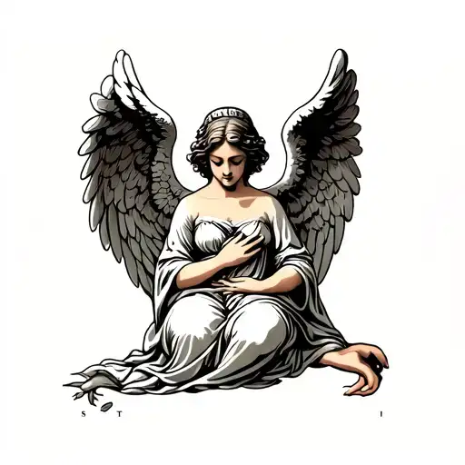 Angel With Wings Spread Looking Down And Holding Both Hands On Her Chest