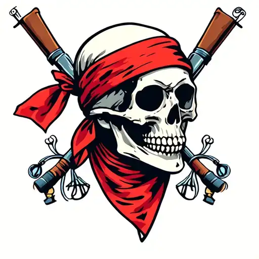 Skull With Red Bandana And Fishing Poles
