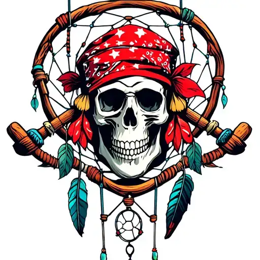 Skull With Red Bandana Dream Catcher And Fishing Poles