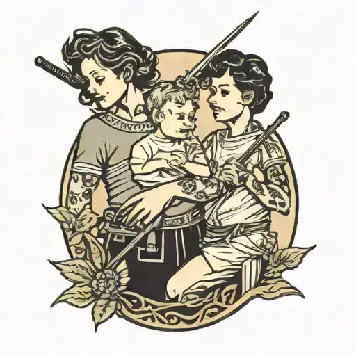 A Mother And Son Matching Tattoos With A Tree And Sword