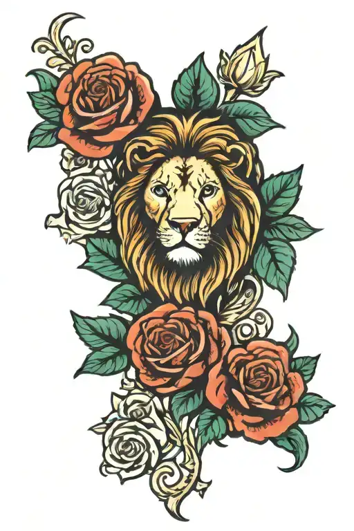 Lion And Christian Cross With Roses