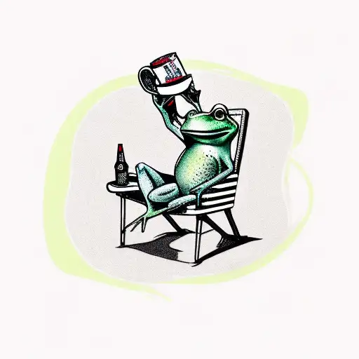 Frog Sitting In A Chair Drinking Beer High Saturation Of Collors And Thick Black Lines