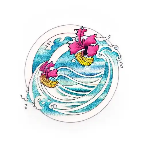 Ocean Wave With Monstera And Hibiscus