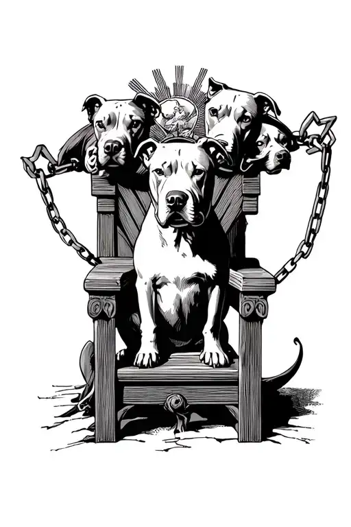A 3-Headed Pitbull Chained To A Throne In A Hell Towards Heaven