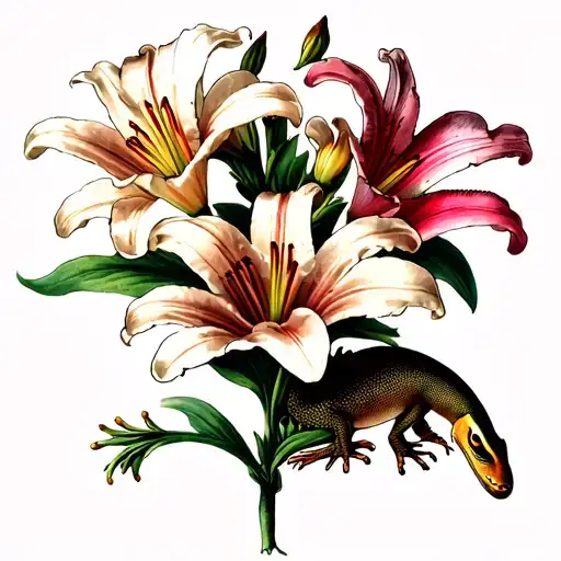Mostly Lily Flowers With A Small Lizard