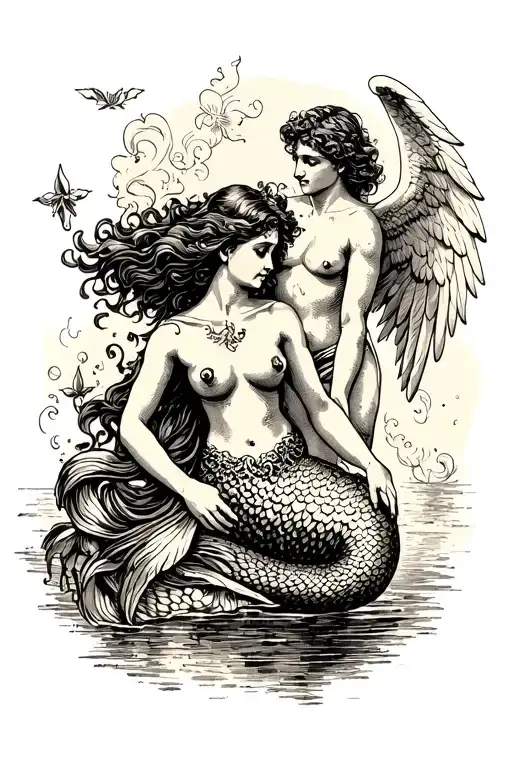 Black Femle Mermaid Sourounded By A Seraphin Male Angel