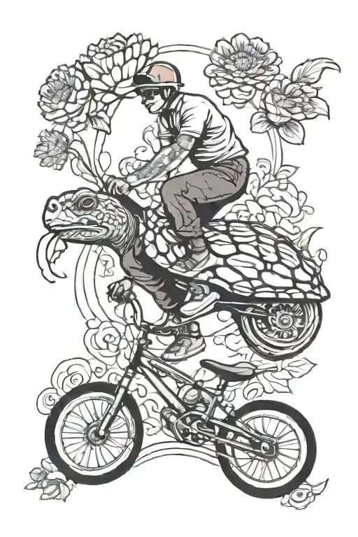 A Bmx Biker Jumping Over A Castle With A Turtle On Their Shoulder Surrounded By Gerbera Daisies