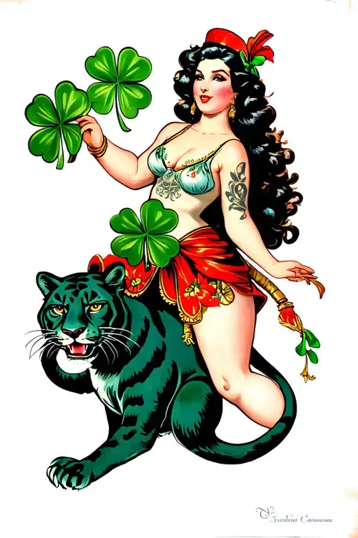 Old School Style Tattoo Woman Riding A Panther Holding A 4 Leaf Clover