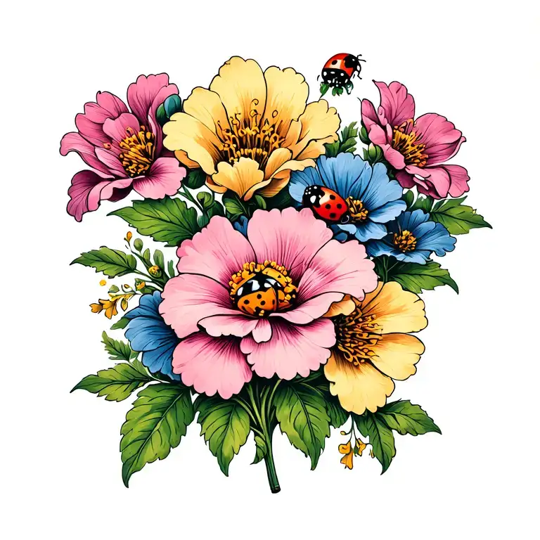 Flowers With A Ladybug Perched