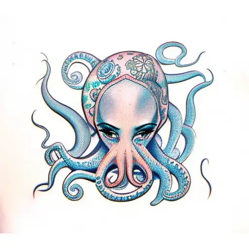 A Traditional Pin-up Girl With An Octopus Wrapping Its Tentacles Around Her