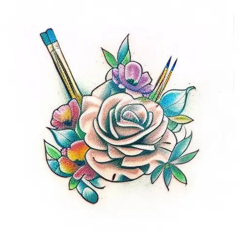 Paint Brushes And Pencils With Little Flowers Or Tied Up With Plants