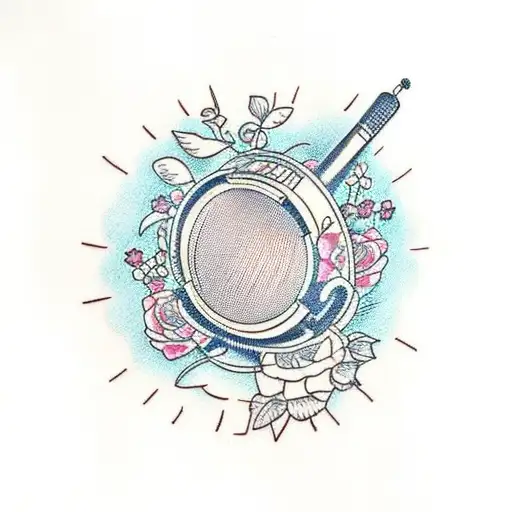 A Traditional Style Tattoo Of A Beautiful Vintage Microphone Surrounded By Intricate Floral Elements