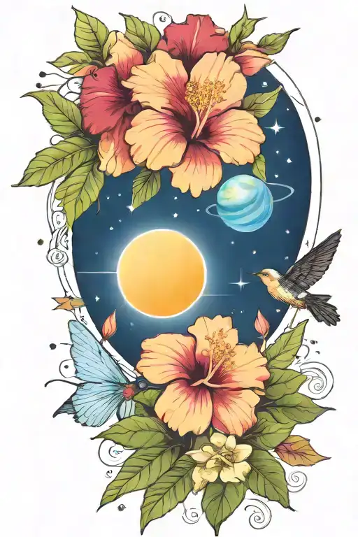 Hibiscus And Plumerias And Planets Stars And Nebulas And Ancient Egypt